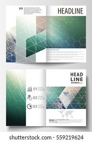 Business templates for bi fold brochure, magazine, flyer, booklet. Cover design template, vector layout, A4 size. Chemistry pattern, hexagonal molecule structure. Medicine, science, technology concept