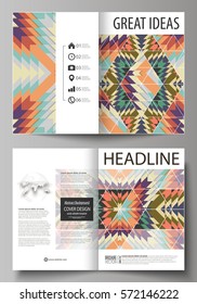 Business templates for bi fold brochure, flyer, booklet, report. Cover design template, abstract vector layout in A4 size. Tribal pattern, geometrical ornament in ethno syle, ethnic hipster background