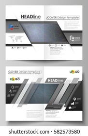 Business templates for bi fold brochure, flyer, booklet. Cover design template, vector layout in A4 size. Colorful dark background with abstract lines. Bright color chaotic, random, messy curves.