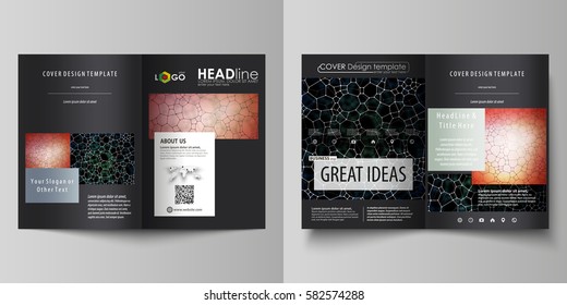 Business templates for bi fold brochure, flyer. Cover design template, vector layout in A4 size. Chemistry pattern, molecular texture, polygonal molecule structure, cell. Medicine microbiology concept