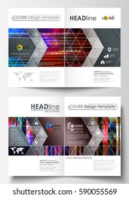 Business templates for bi fold brochure, magazine, flyer, booklet, report. Cover design template, abstract vector layout in A4 size. Glitched background made of colorful pixel mosaic. Glitch backdrop