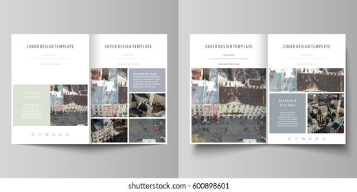 Business templates for bi fold brochure, magazine, flyer, report. Cover design template, abstract vector layout in A4 size. Background made of dotted texture for travel business, urban cityscape.