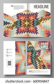 Business templates for bi fold brochure, flyer, booklet, report. Cover design template, abstract vector layout in A4 size. Tribal pattern, geometrical ornament in ethno syle, ethnic hipster background