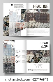Business templates for bi fold brochure, magazine, flyer, report. Cover design template, abstract vector layout in A4 size. Background made of dotted texture for travel business, urban cityscape.