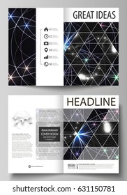 Business templates for bi fold brochure, magazine, flyer, booklet, report. Cover design template, vector abstract layout in A4 size. Sacred geometry, glowing geometrical ornament. Mystical background.