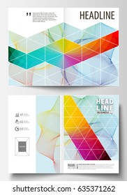 Business templates for bi fold brochure, magazine, flyer. Cover template, easy editable vector, flat layout in A4 size. Colorful design background with abstract shapes and waves, overlap effect.