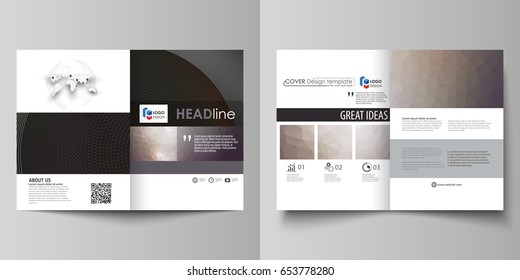 Business templates for bi fold brochure, flyer, booklet, report. Cover design template, vector layout in A4 size. Dark color triangles and colorful circles. Abstract polygonal style modern background