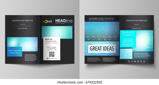 Business templates for bi fold brochure, flyer. Cover design template, vector layouts, A4 size. Chemistry pattern, connecting lines and dots, molecule structure, medical DNA research. Medicine concept