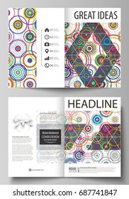 Business templates for bi fold brochure, magazine, flyer, report. Cover design template, abstract vector layout in A4 size. Bright color background in minimalist style made from colorful circles.