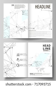 Business templates for bi fold brochure, flyer, report. Cover design template, vector layout, A4 size. Chemistry pattern, connecting lines and dots, molecule structure on white, geometric background