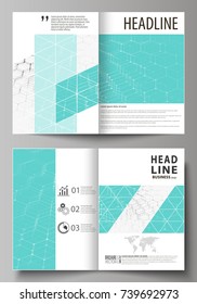 Business templates for bi fold brochure, flyer, booklet, report. Cover design template, vector layout in A4 size. Chemistry pattern, hexagonal molecule structure on blue. Medicine, technology concept.