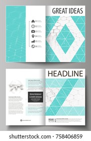 Business templates for bi fold brochure, flyer, booklet, report. Cover design template, vector layout in A4 size. Chemistry pattern, hexagonal molecule structure on blue. Medicine, technology concept.