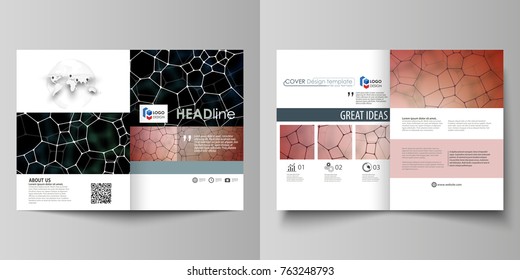 Business templates for bi fold brochure, flyer. Cover design template, vector layout in A4 size. Chemistry pattern, molecular texture, polygonal molecule structure, cell. Medicine microbiology concept