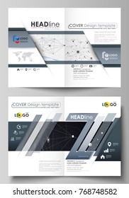 Business templates for bi fold brochure, flyer, report. Cover design template, vector layout in A4 size. Abstract infographic background with lines, symbols, charts and other elements.