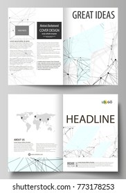 Business templates for bi fold brochure, flyer, report. Cover design template, vector layout in A4 size. Chemistry pattern, connecting lines and dots, molecule structure on white, geometric background