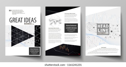 Business templates for brochure, flyer, annual report. Cover design template, vector layout in A4 size. Abstract infographic background with lines, symbols, diagrams and other elements.