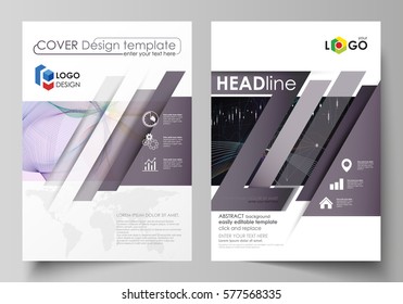 Business templates for brochure, flyer, annual report. Cover design template, vector layout in A4 size. Colorful abstract infographic background with lines, symbols, diagrams and other elements