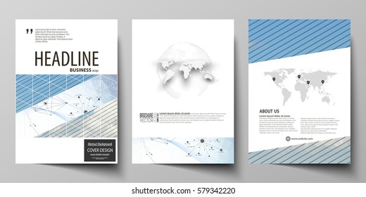 Business templates for brochure, flyer, annual report. Cover design template, vector layout in A4 size. Blue color abstract infographic background with lines, symbols, diagrams and other elements.