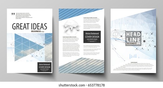 Business templates for brochure, flyer, annual report. Cover design template, vector layout in A4 size. Blue color abstract infographic background with lines, symbols, diagrams and other elements