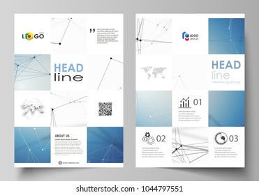 Business templates for brochure, flyer, booklet, report. Cover design template, vector layout in A4 size. Geometric blue color background, molecule structure, science concept. Connected lines and dots