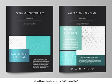 Business templates for brochure, flyer, booklet, report. Cover design template, abstract vector layout in A4 size. Chemistry pattern, hexagonal molecule structure on blue. Medicine, technology concept