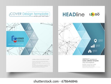 Business templates for brochure, flyer, booklet, report. Cover design template, vector layout in A4 size. Chemistry pattern, connecting lines and dots, molecule structure on white, graphic background.