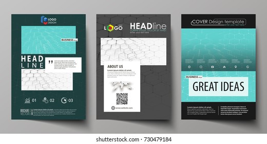 Business templates for brochure, flyer, booklet, report. Cover design template, abstract vector layout, A4 size. Chemistry pattern, hexagonal molecule structure on blue. Medicine, technology concept