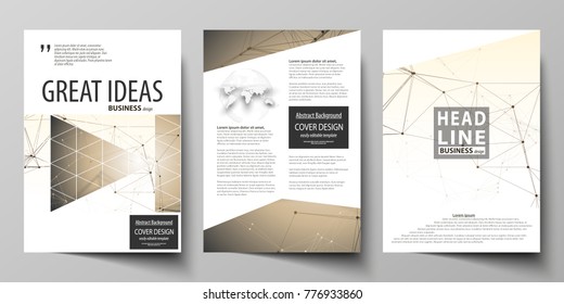 Business templates for brochure, flyer, booklet, report. Cover design template, vector layout in A4 size. Technology, science, medical concept. Golden dots and lines, digital style. Lines plexus.