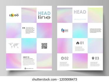 Business templates for brochure, flyer, report. Cover design template, vector layout in A4 size. Hologram, background in pastel colors, holographic effect. Blurred colorful pattern, futuristic texture