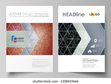 Business templates for brochure, flyer, report. Cover design template, vector layout in A4 size. Chemistry pattern, molecular texture, polygonal molecule structure, cell. Medicine microbiology concept