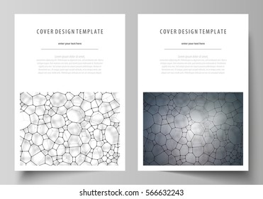 Business templates for brochure, flyer, report. Cover design template, vector layout in A4 size. Chemistry pattern, molecular texture, polygonal molecule structure, cell. Medicine microbiology concept