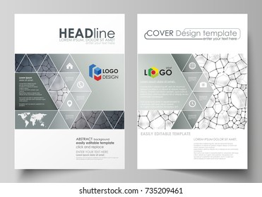 Business templates for brochure, flyer, report. Cover design template, vector layout in A4 size. Chemistry pattern, molecular texture, polygonal molecule structure, cell. Medicine microbiology concept