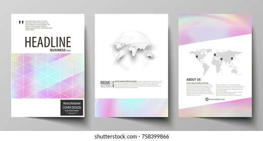 Business templates for brochure, flyer, report. Cover design template, vector layout in A4 size. Hologram, background in pastel colors, holographic effect. Blurred colorful pattern, futuristic texture