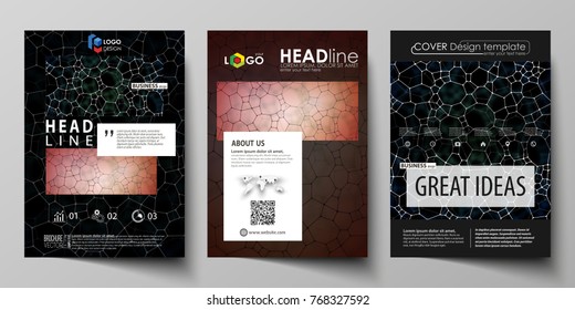 Business templates for brochure, flyer, report. Cover design template, vector layout in A4 size. Chemistry pattern, molecular texture, polygonal molecule structure, cell. Medicine microbiology concept