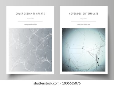 Business templates for brochure, magazine, flyer, booklet. Cover design template, vector layout in A4 size. Chemistry pattern, connecting lines and dots, molecule structure, medical DNA research.