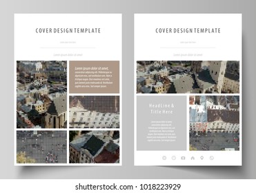 Business templates for brochure, magazine, flyer, report. Cover design template, abstract vector layout in A4 size. Colorful background made of dotted texture for travel business, urban cityscape.