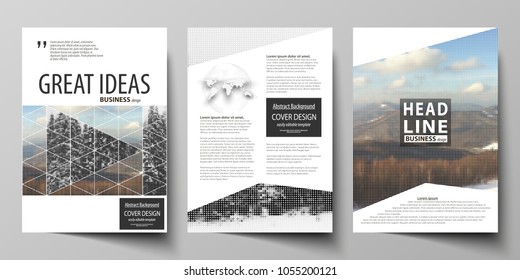 Business templates for brochure, magazine, flyer, booklet, report. Cover design template, vector layout in A4 size. Abstract landscape of nature. Dark color pattern in vintage style, mosaic texture.