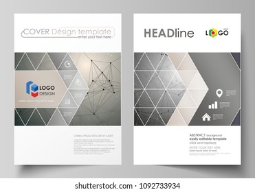 Business templates for brochure, magazine, flyer, booklet. Cover design template, flat layout in A4 size. Chemistry pattern, molecule structure on gray background. Science and technology concept.