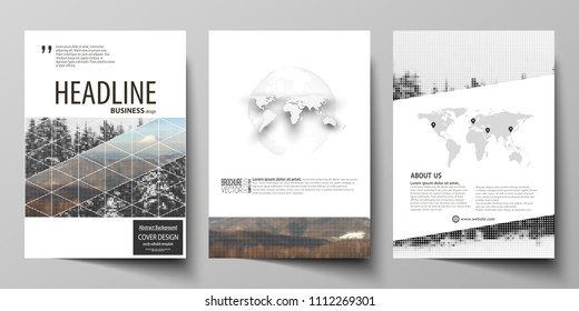 Business templates for brochure, magazine, flyer, booklet, report. Cover design template, vector layout in A4 size. Abstract landscape of nature. Dark color pattern in vintage style, mosaic texture.