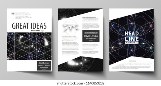 Business templates for brochure, magazine, flyer, booklet or annual report. Cover design template, vector abstract layout in A4 size. Sacred geometry, glowing geometrical ornament. Mystical background