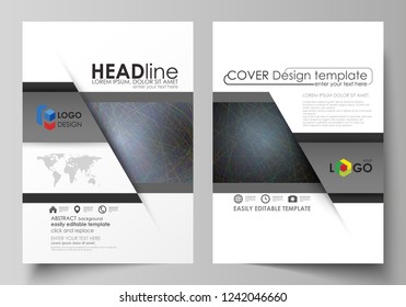 Business templates for brochure, magazine, flyer, booklet. Cover design template, vector layout in A4 size. Colorful dark background with abstract lines. Bright color chaotic, random, messy curves.