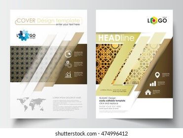 Business templates for brochure, magazine, flyer, booklet or annual report. Cover design template, flat layout in A4 size. Islamic gold pattern, overlapping geometric shapes forming abstract ornament.