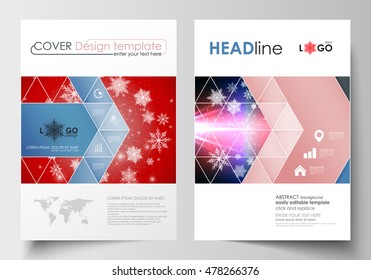 Business templates for brochure, magazine, flyer, booklet. Cover design template, easy editable blank, abstract flat layout in A4 size. Christmas decoration, vector background with shiny snowflakes.