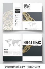 Business templates for brochure, magazine, flyer, booklet. Golden microchip pattern on dark background, mandala template, connecting dots and lines, connection structure. Digital scientific vector