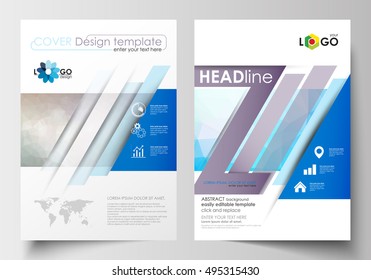 Business templates for brochure, magazine, flyer, booklet. Cover design template, easy editable, flat layout in A4 size. Abstract triangles, blue triangular background, colorful polygonal pattern.