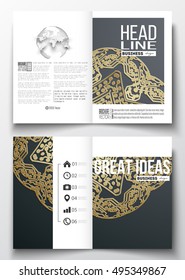 Business templates for brochure, magazine, flyer, booklet. Golden microchip pattern on dark background, mandala template, connecting dots and lines, connection structure. Digital scientific vector