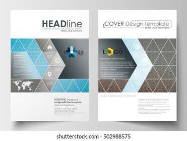 Business templates for brochure, magazine, flyer. Cover template, flat layout in A4 size. Scientific medical research, chemistry pattern, hexagonal design molecule structure, science vector background