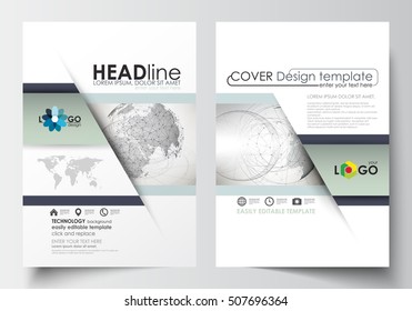 Business templates for brochure, magazine, flyer, booklet or report. Cover design, easy editable template, flat layout in A4 size. Dotted world globe, abstract construction and polygonal molecules