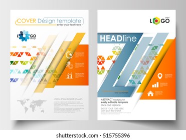 Business templates for brochure, magazine, flyer, booklet. Cover design template, easy editable blank, flat layout in A4 format. Abstract triangles, triangular background, colorful polygonal vector.