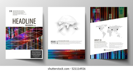 Business templates for brochure, magazine, flyer, annual report. Cover design template, abstract vector layout in A4 size. Glitched background made of colorful pixel mosaic.